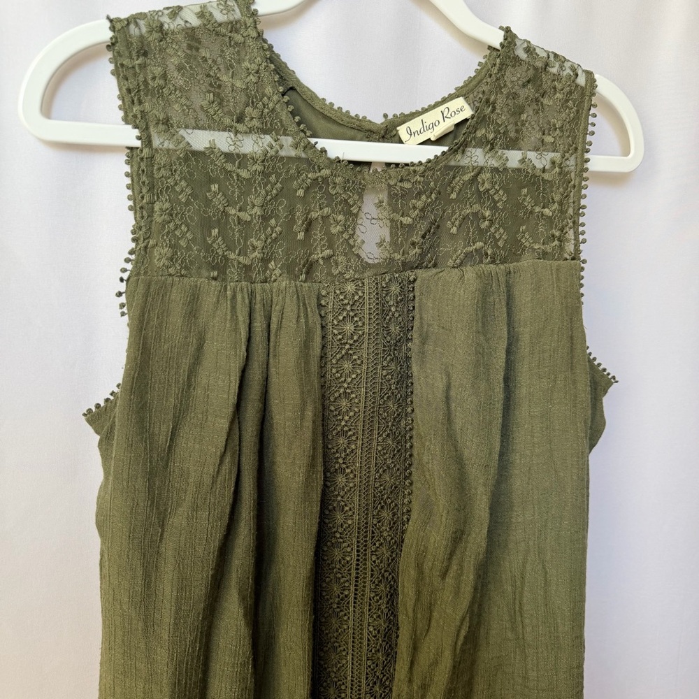 Sleeveless Olive Lace Yoke Mini Dress, Medium - Picture 7 of 8